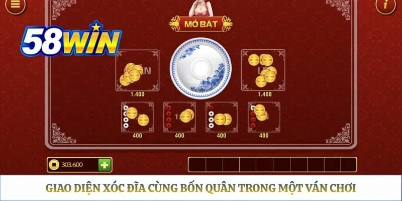 Xóc Đĩa 58WIN - Hướng Dẫn Luật Chơi Và Cửa Cược Chi Tiết Giao diện xóc đĩa cùng bốn quân trong một ván chơi