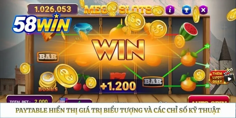 Cách Chơi Nổ Hũ 58WIN - Cách Đọc Paytable & Mẹo Quay Slot Paytable hiển thị giá trị biểu tượng và các chỉ số kỹ thuật